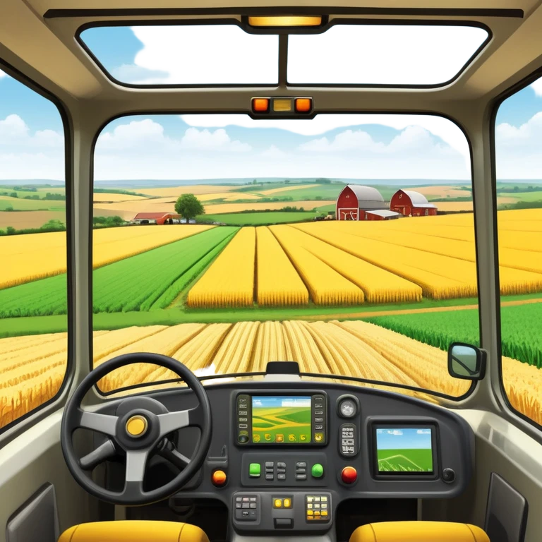a view from the tractor cabin, with the dashboard in focus, overlooking a vibrant rural landscape. Inspired by Farming Simulator 22, the scene includes fields, crops, and distant barns under a bright sky. The design highlights the immersive experience of farm management. transparent background emoji