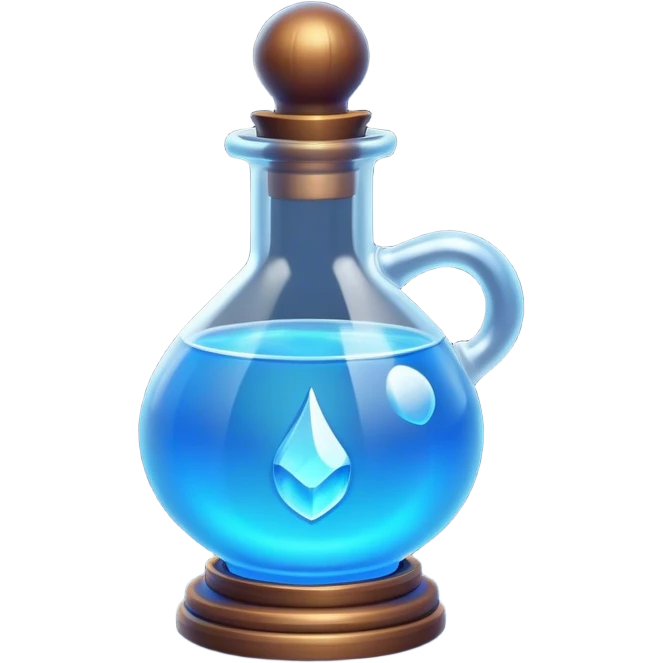 Clash of Clans aesthetic: Cinematic Playful Pixel 3D blue mana Potion Emoji, rendered in a 3D vector-style similar to standard emojis with minimal shading and bold, simplified shapes. A compact, distinct form with signature details, softly glowing with a pixelated adventure charm. Simplified yet unmistakably iconic, highly detailed and consistent, glowing with a soft radiance and high shine. Stylized with a touch of classic pixel-art charm and a soft glowing outline, capturing the essence of a beloved gaming relic with a friendly, playful manner! emoji