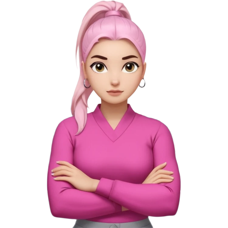 Character: Go-getter, confident, intelligent, composed
Emoji Look:

Light gray eyes, very noticeable

Well-shaped eyebrows, strong appearance

Upper ponytail

Street fashion look
Fair skin with a pink undertone

Arms crossed pose
Feeling: Girl Boss, cool beauty, minimal but powerful emoji