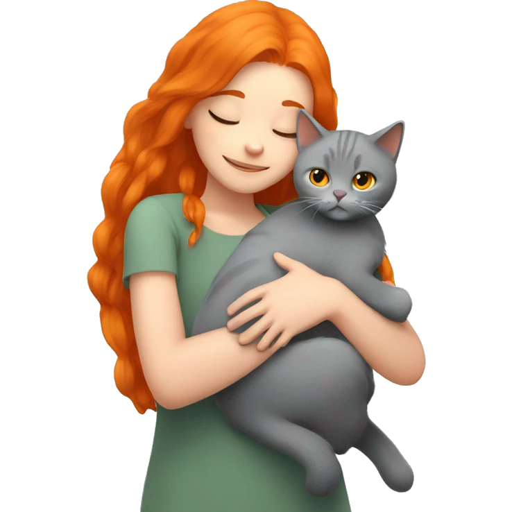 Girl with orange hair hugs with gray British cat emoji