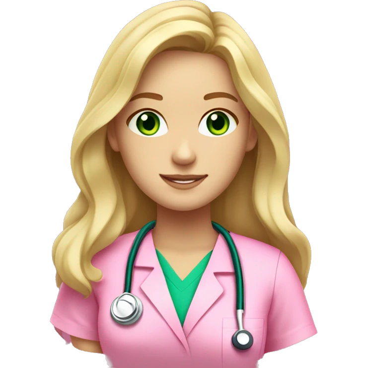 pale blonde girl with long wavy hair and green eyes wearing pink scrubs and stethoscope  emoji
