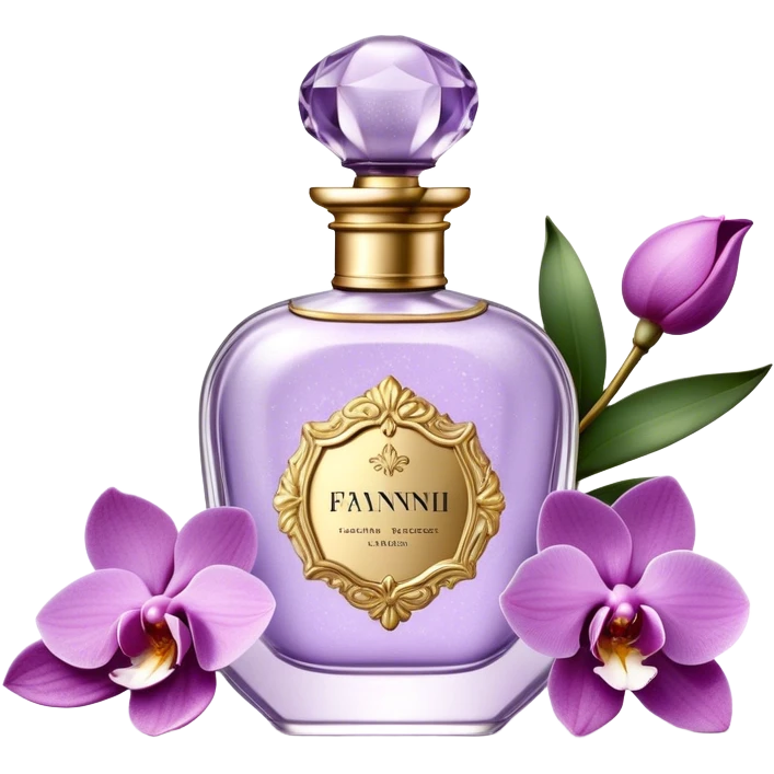 Create a delicate vintage French-style perfume bottle in an orchid hue, adorned with intricate gold detailing and an elegant glass stopper. Surround it with lush lilac flowers, along with soft lavender sprigs and petals scattered around for a dreamy, romantic atmosphere. The background should have a subtle antique texture, evoking the charm of a Parisian boudoir. The lighting should be soft and diffused, enhancing the luxurious and nostalgic feel emoji
