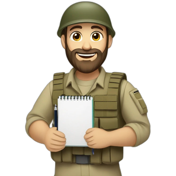 pale brown bearded israeli IDF soldier happy holding notebook and pen and stationary emoji