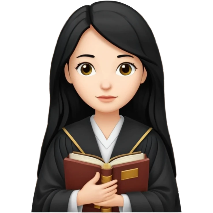 white-women-with-long-black -hair-lawyer-in-lawyer’s-robe. Have law book in hand with bookshelf full of law books in the background emoji