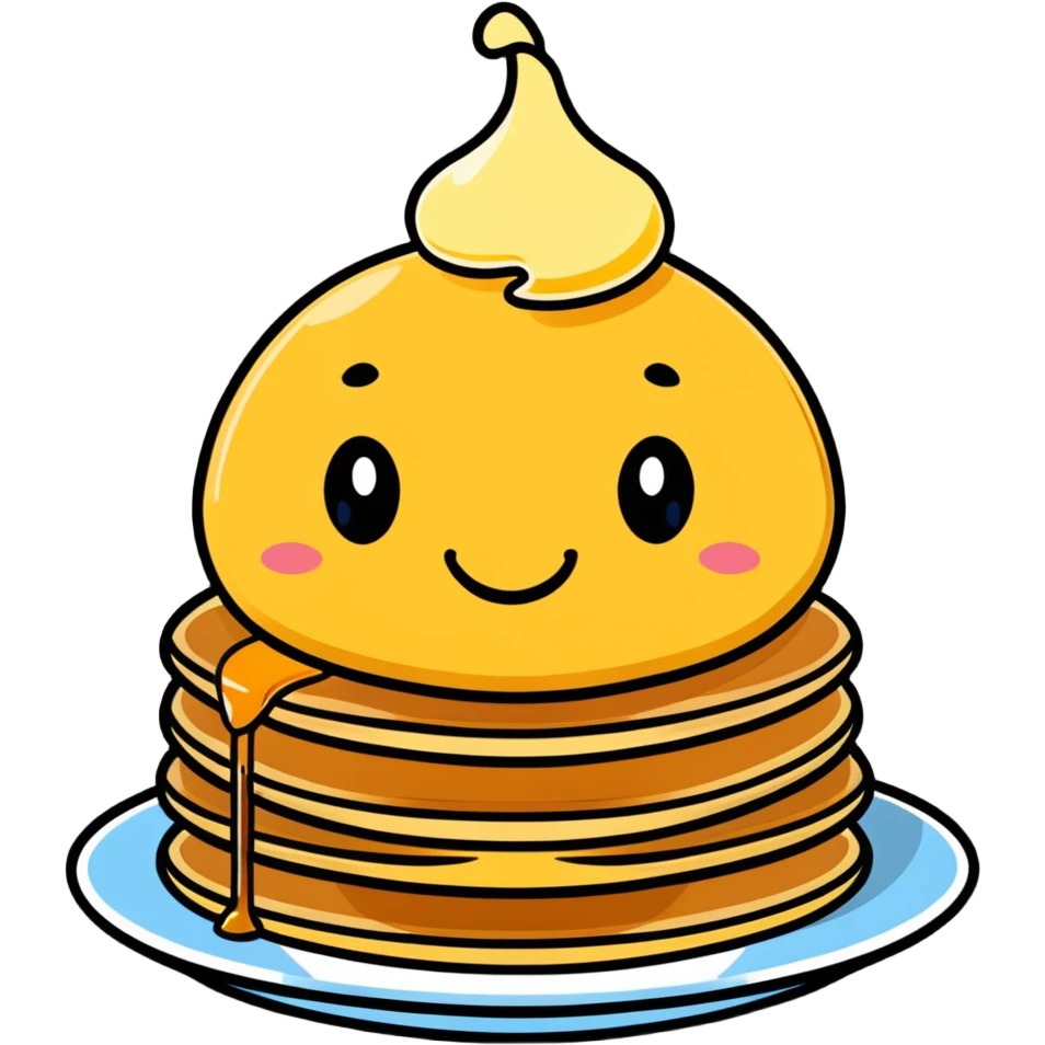 adorable pancakes with butter on top and maple syrup dripping down, smiling face emoji