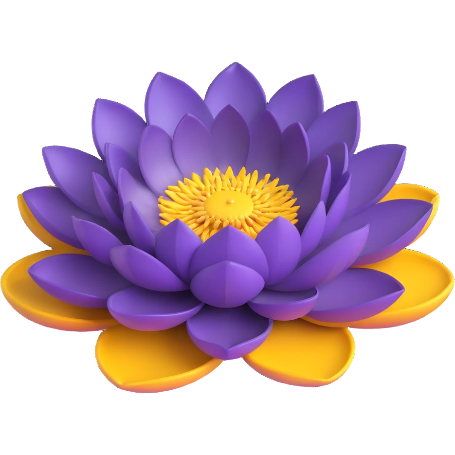 Realistic deep purple lotus flower with detailed layered petals and yellow stamens, floating on authentic lotus pad with characteristic notch and bowl shape emoji