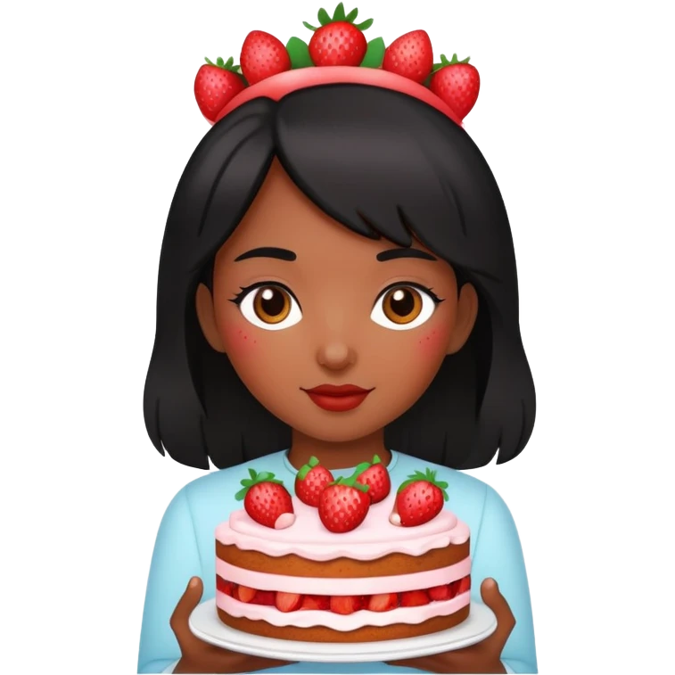 Beautiful black-haired girl holding a strawberry cake emoji