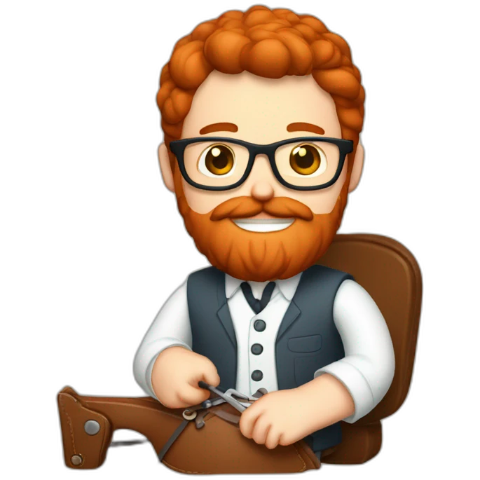 Red smooth haired man with beard and glasses hand sewing a saddle emoji