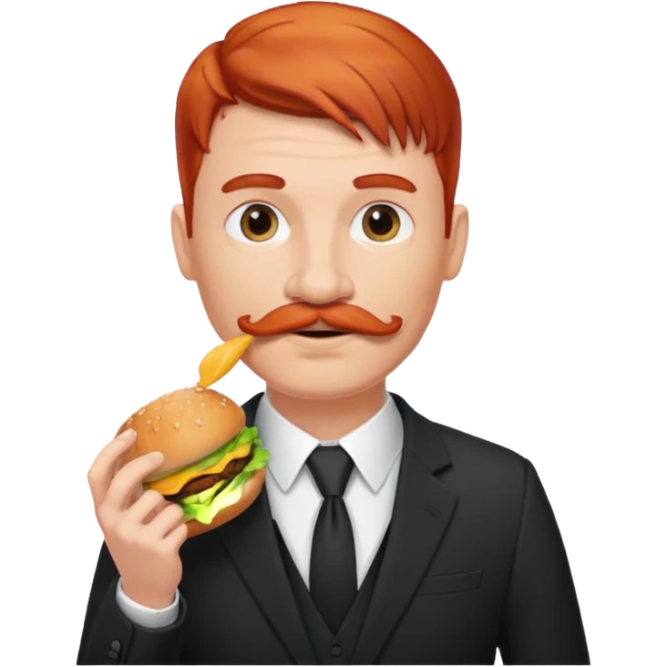 red haired with mustace male wearing suit eating hamburger emoji