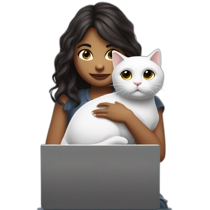 sofia giffoni holding a white cat as she types on her computer and plays roblox emoji