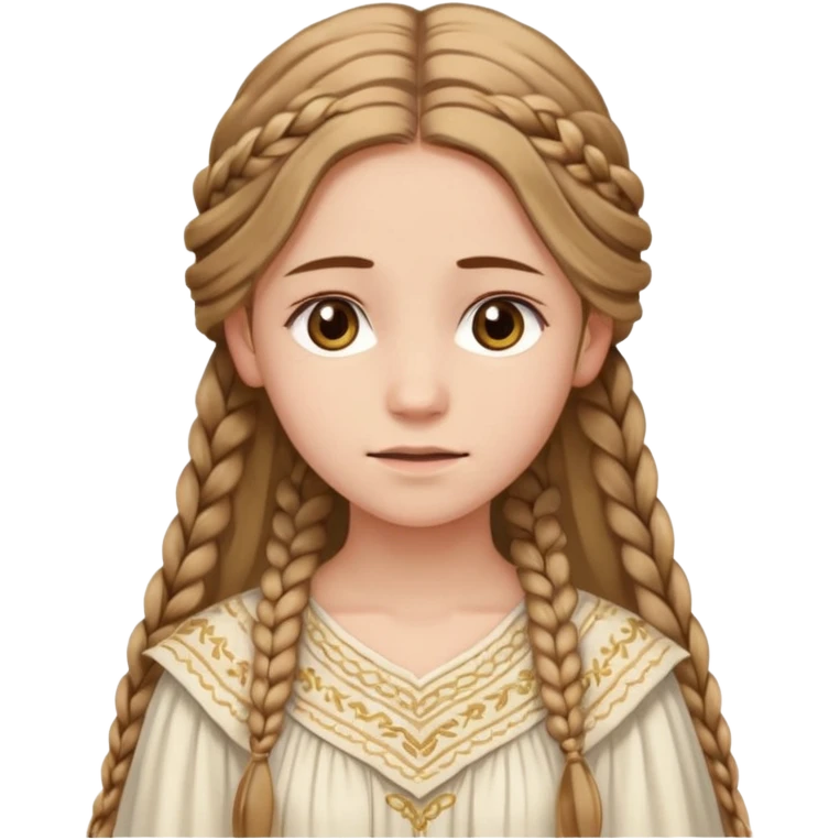 Joven de unos 20 años, de aspecto dulce y elegante.
Piel clara, ojosy expresivos, sonrisa triste.
Rubio o castaño claro, largo, con trenzas o velo.
-Vestido largo de tonos suaves (blanco, azul o lavanda), con bordados dorados; un manto o toca fina cubriendo la cabeza. emoji