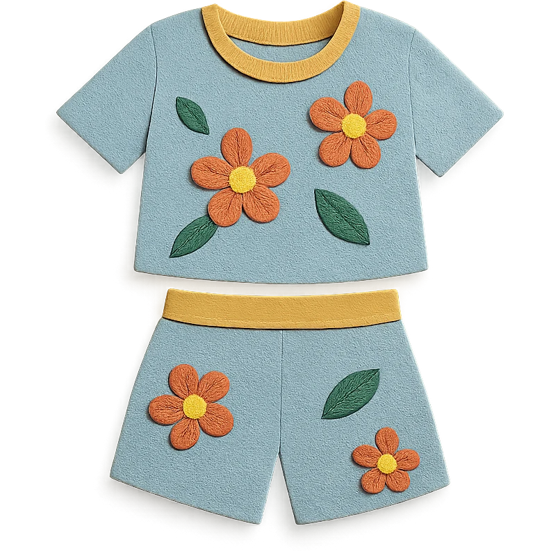 illustration of a women's short and tee shirt set with a floral pattern in paper-craft style emoji