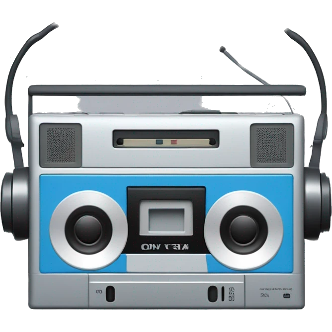 Create an emoji of a vintage Sony Walkman with a rectangular cassette player, visible tape, and wired headphones, in retro 1980s colors like grey, blue, and silver emoji