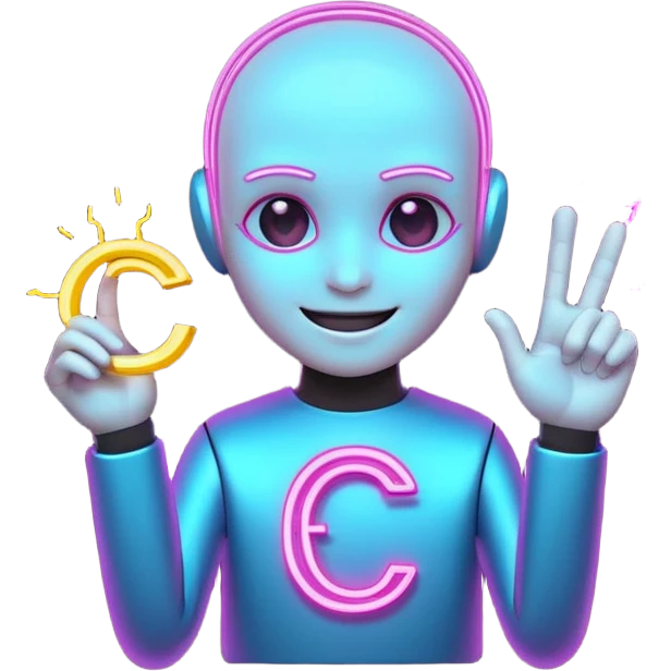 Tiny smiling cyber creature made of neon lines, holding a small glowing C symbol, with little sparks around it. emoji
