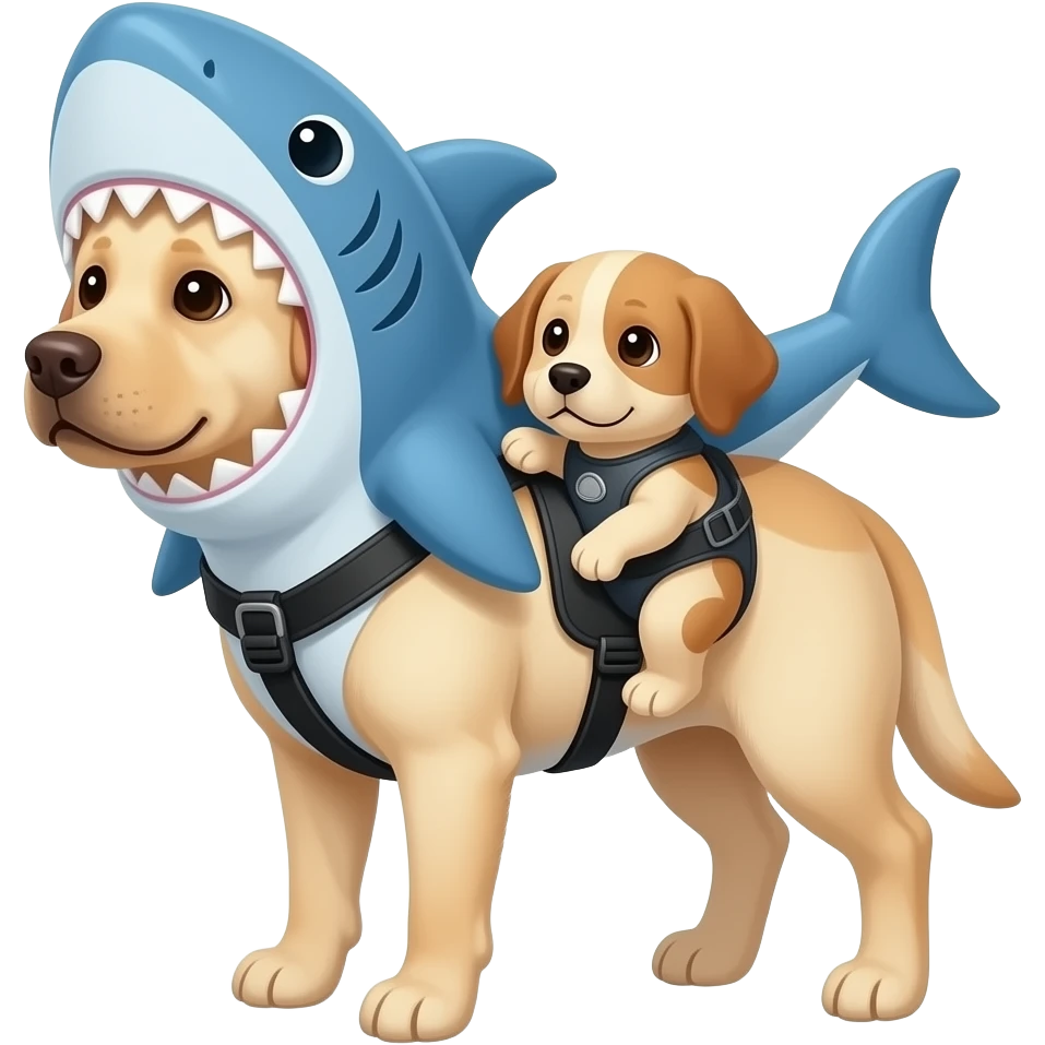 Hazme un emoji de un perro labrador,con un traje de tiburón azul,y haz que lleve en un arnés a otro perro bebe,y también haz que el papá sea pequeño emoji