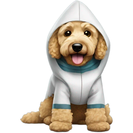 Mini golden doodle in shark costume emoji