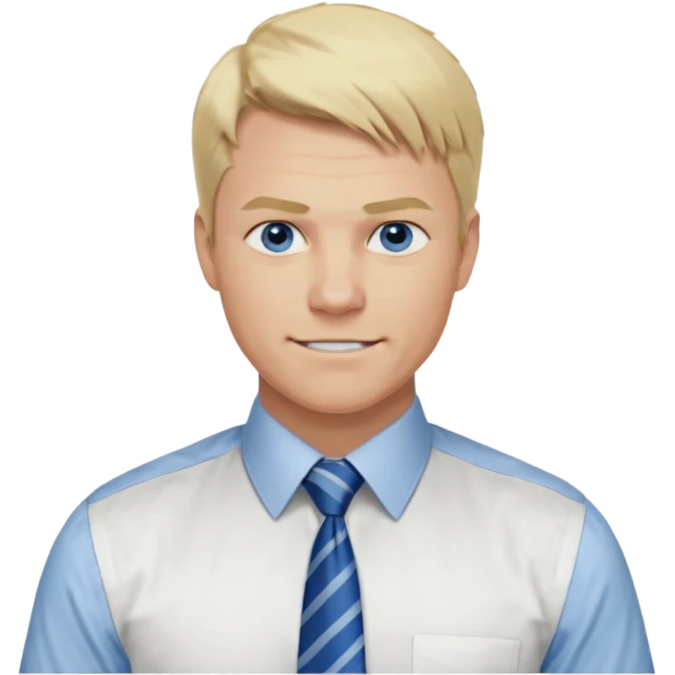 A guy with blonde hair and blue eyes that looks masculine. make him wear a shirt with a tie. he is danish. Make 4 diferent variations. in one he is smilin. in one he is angry emoji