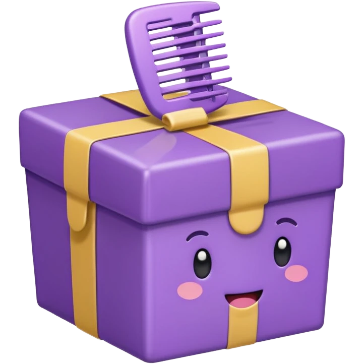 Kawaii emoji illustration of a purple gift box with a comb inside, chubby proportions, glossy finish, pastel colors, soft shading, adorable style, simple and clean design, transparent background emoji