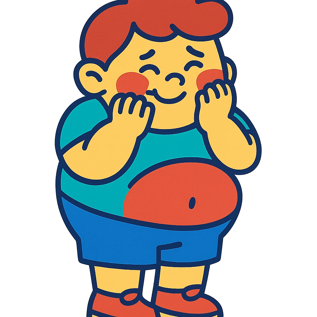 standing fat boy kid, embarrassed, playful and colorful emoji