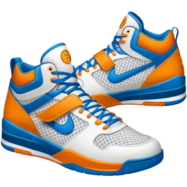 Cinematic Realistic image of a pair of basketball sneakers featuring detailed mesh and leather textures, vibrant color accents and dynamic design lines, illuminated by bold, high-energy arena lighting emoji