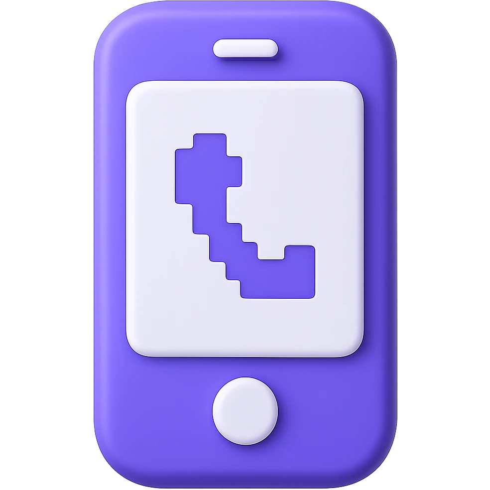 Make this 3D purple smartphone icon fully front facing (not isometric), keep pixel art accents and shiny look, with transparent background. emoji