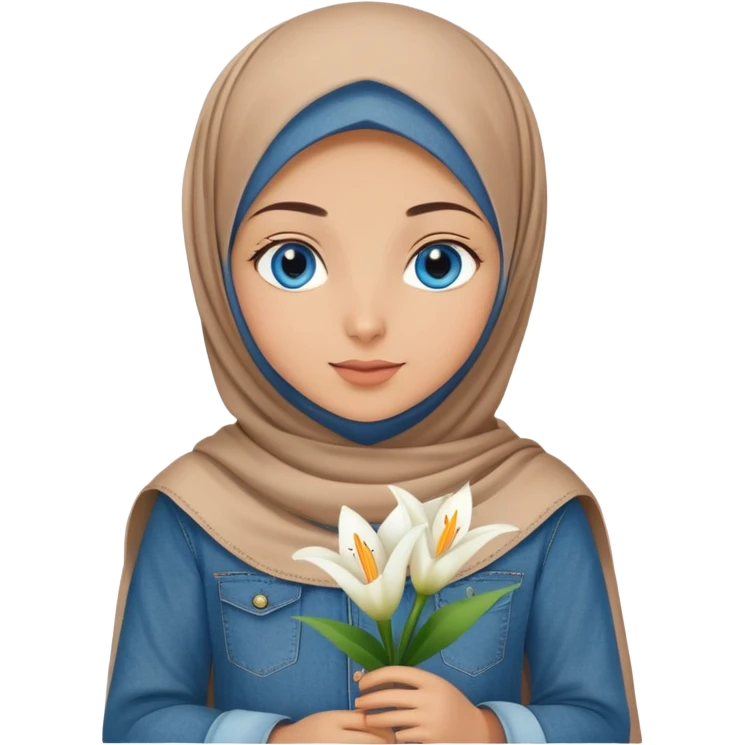 Turkish beautiful finish Konya girl blue eyes with denim hijab fresh islamic dress and had on her hand lilys flower  emoji