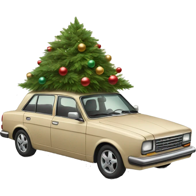 A beige nostalgic car with a christmas tree on the roof emoji