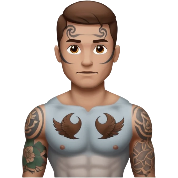 tattoo man, white skintone,brown hair, tattoos on face, more visible, bulky man with tattos on his chest. emoji