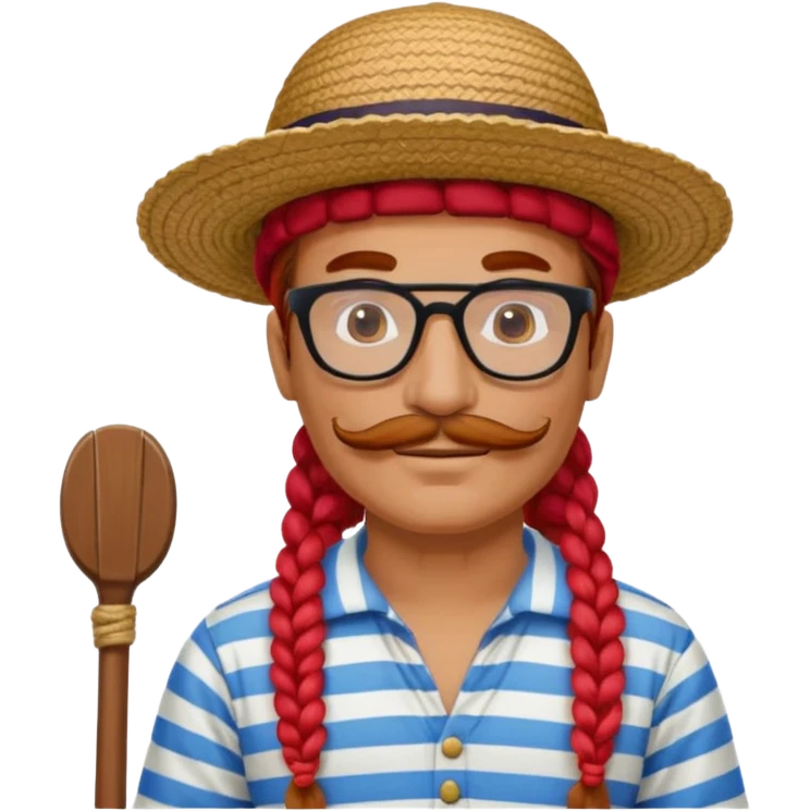 venice gondolier with long red braided hair, iconic hat, normal glassess and mustache emoji