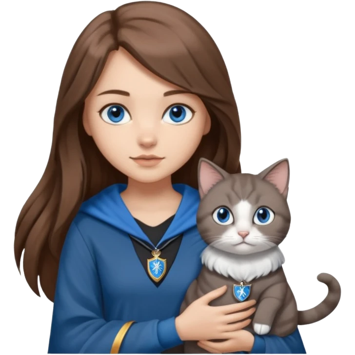 gorgeous Girl with light skin, blue eyes, long brown hair, wears a ravenclaw outfit, with a grey and white cat holding in her arms emoji