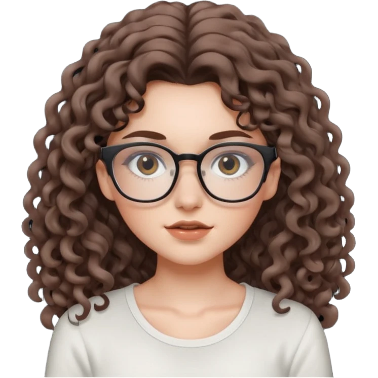 aesthetic white girl with cool colored brown, long curly hair, she wears an offwhite top and wears square glasses and her eyes are black emoji