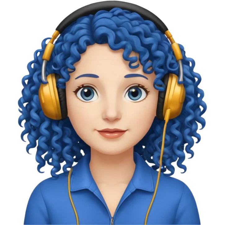 blue haired earringed heaphone wearing middle aged woman very very curly long haired and hazel eyes emoji