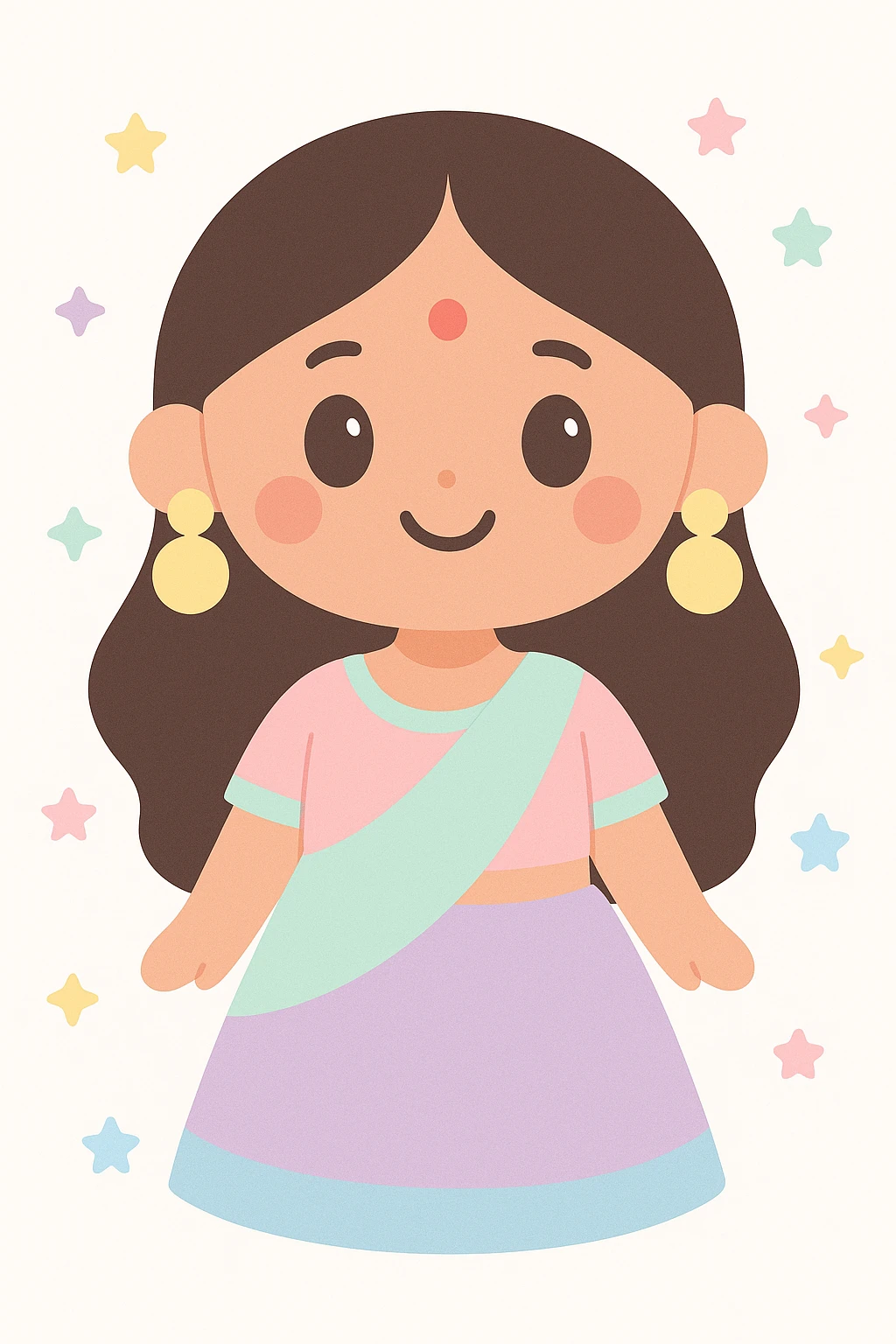 Indian girl smiling, wearing traditional attire with bindi, lehenga, and large earrings, festive and colorful emoji