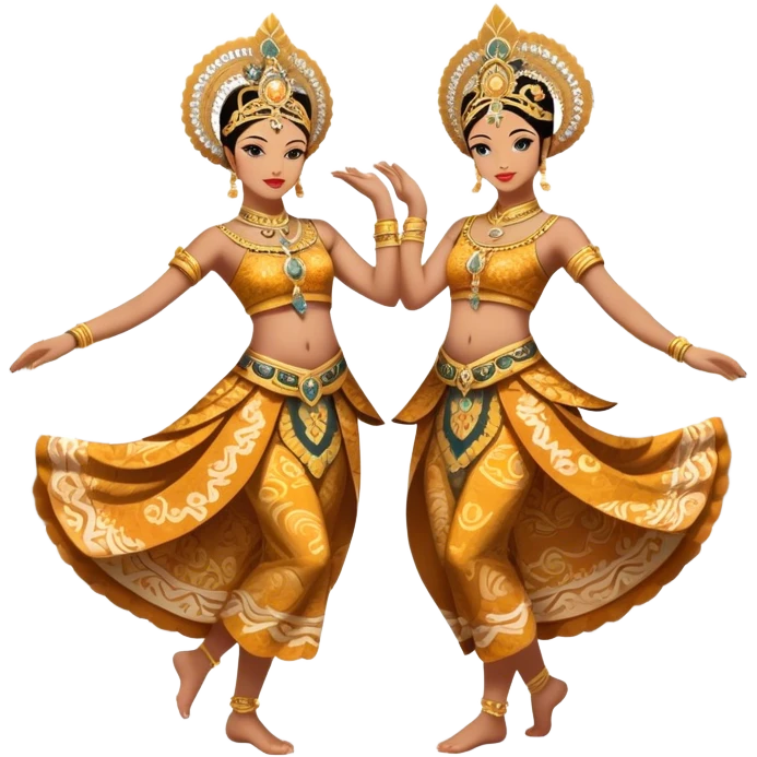 ​Cinematic Realistic Traditional Javanese Dancers, depicted as two graceful dancers in ornate traditional costumes with intricate batik patterns and elaborate headpieces, captured in dynamic poses during a ritual dance in an ancient temple courtyard, rendered with soft golden lighting and rich cultural textures, emoji