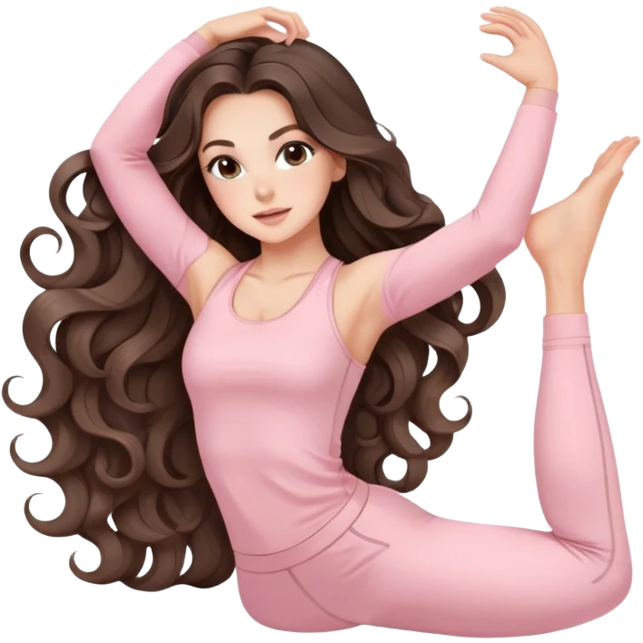 beautiful brunette with a light balayage white girl with nice defined and long curls , very long hair, clean girl makeup STRETCHING HER BODY IN LIGHT PINK GYM emoji