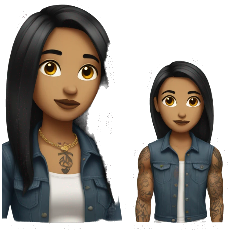 Straight  shoulder length dark hair and tattoos .  emoji