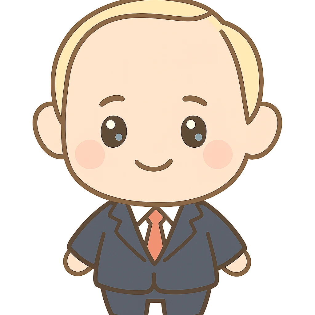 Putin as a chibi character, suit and tie, smiling emoji