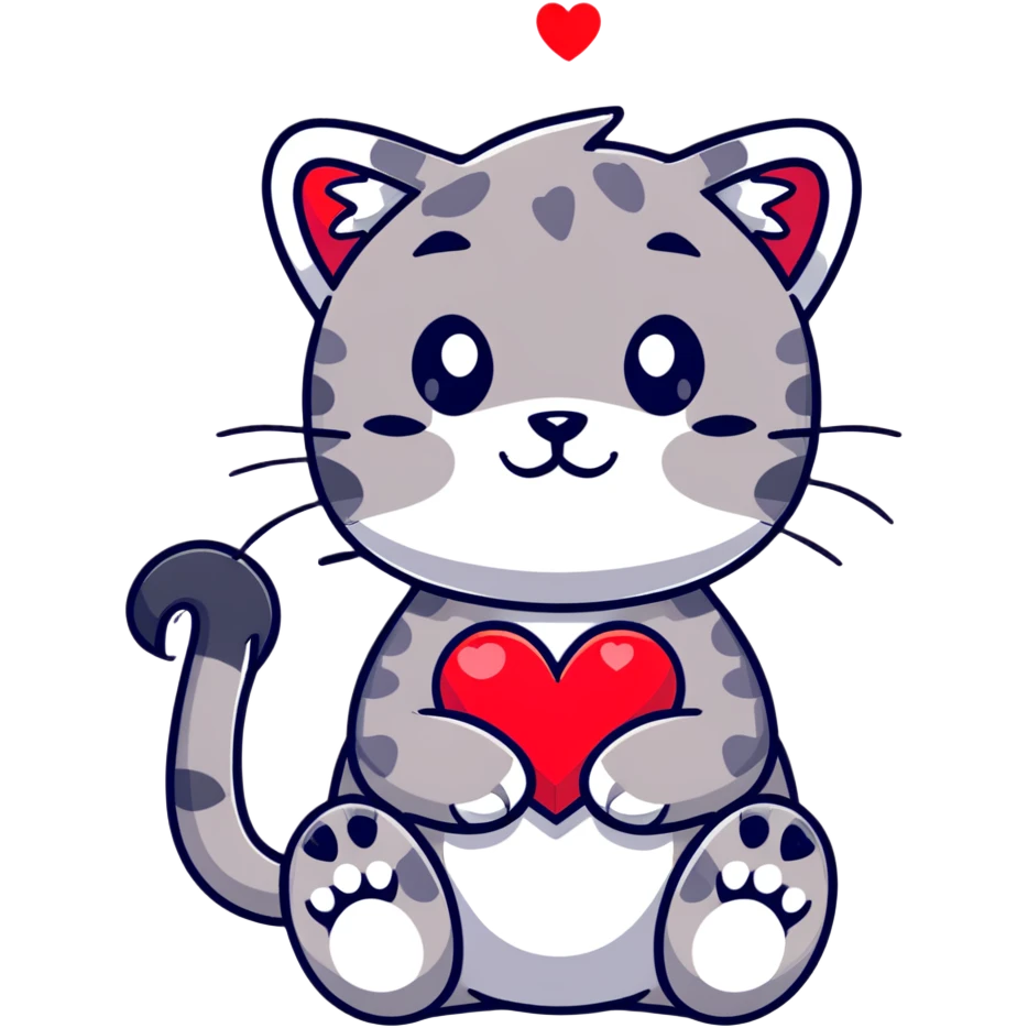 snow leopard with cat ears holding a red heart emoji