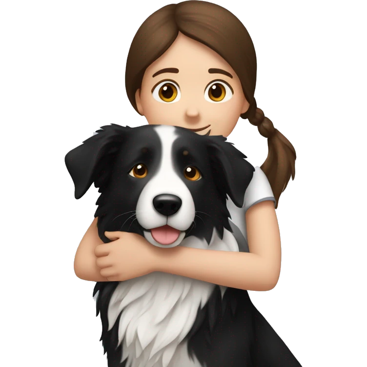 Brown haired girl hugging a black and white border collie emoji