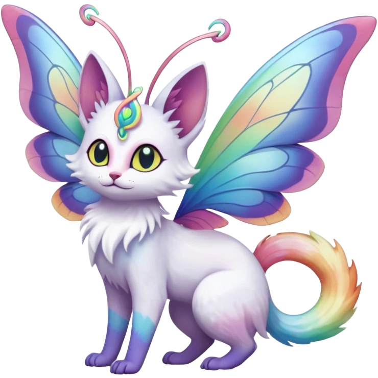 Pure-snow-White albino iridescent with pastel rainbow-gradients-color-markings with swirly patterns butterflies  faerie-Noivern-Noibat-Purloin-Torracat-Lykoi-Caracal-cat-Fakemon-fusion-hybrid-creature emoji