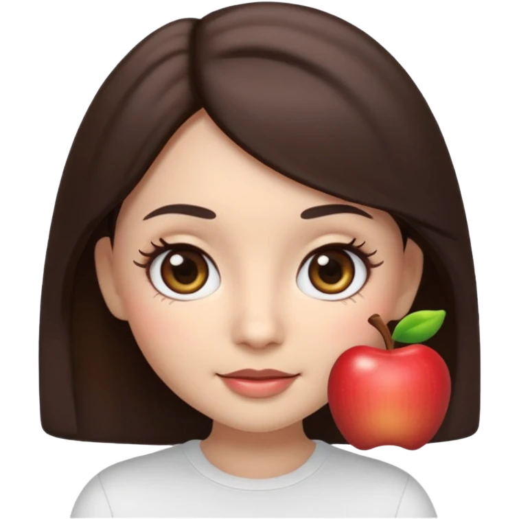 3D emoji sticker of a cute girl, Apple Memoji style, dark brown hair, brown eyes, long eyelash extensions, soft facial features, clean white background, smooth lighting, high quality, cute and friendly expression emoji