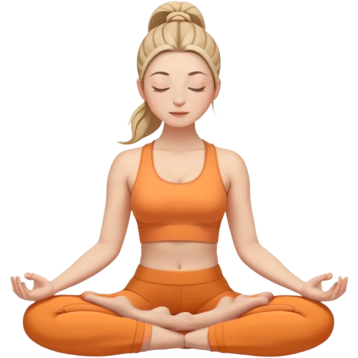white woman with neat ponytail hairstyle, sitting in lotus position, meditating with closed eyes and serene expression, wearing light orange yoga outfit emoji
