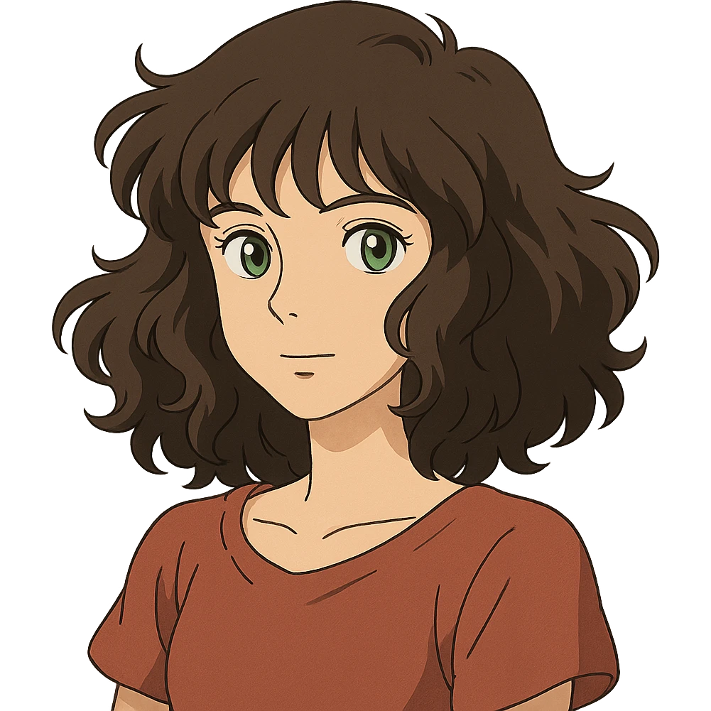 ghibli style illustration of a woman with wavy dark brown hair and green eyes emoji