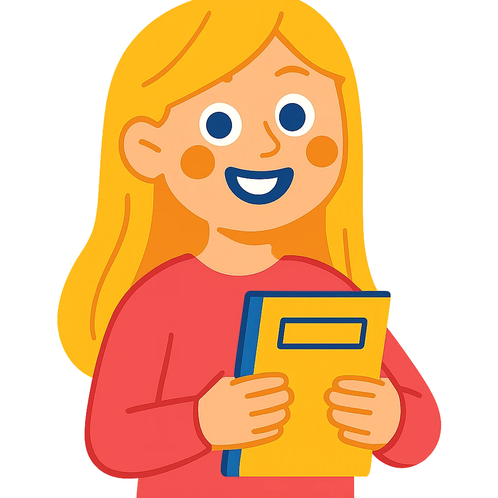 A blonde girl wearing a pink sweater, holding a notebook in her hands, smiling emoji