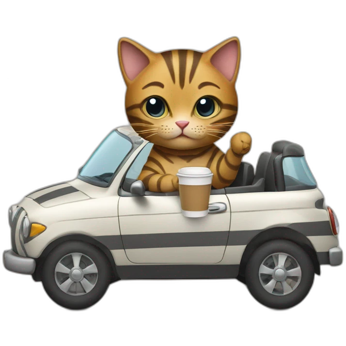 A striped cat drives a car and holds a glass of coffee in its paw emoji