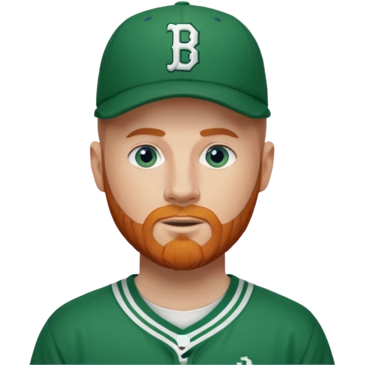 Bald white man with ginger beard, blue eyes in Tatum Boston Celtics jersey. Show front of Jersey and Boston Celtics logo on baseball cap emoji
