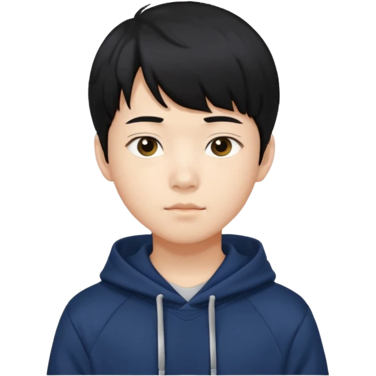 흑발에 앞머리를 덮은 잘생긴 14세 한국소년/ 옷 색깔은 남색 후드티 emoji