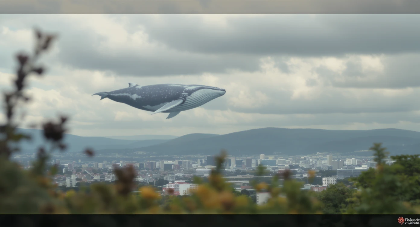 A cinemaatic still of a city, blurred plants in the foreground, huge whales fly above city sky, rolling hills in the background, cinematic depth of field, layered composition, natural lighting emoji