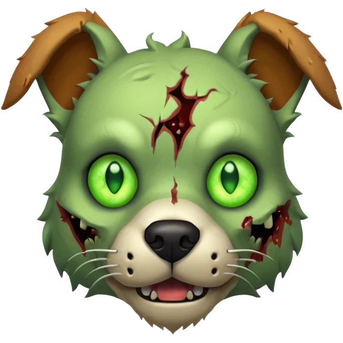 zombie dog portrait, head and shoulders only, torn fur, glowing green eyes, stitched face details, spooky but cute, 3D cartoon, mobile game icon style, clean background, no text, no watermark
 emoji