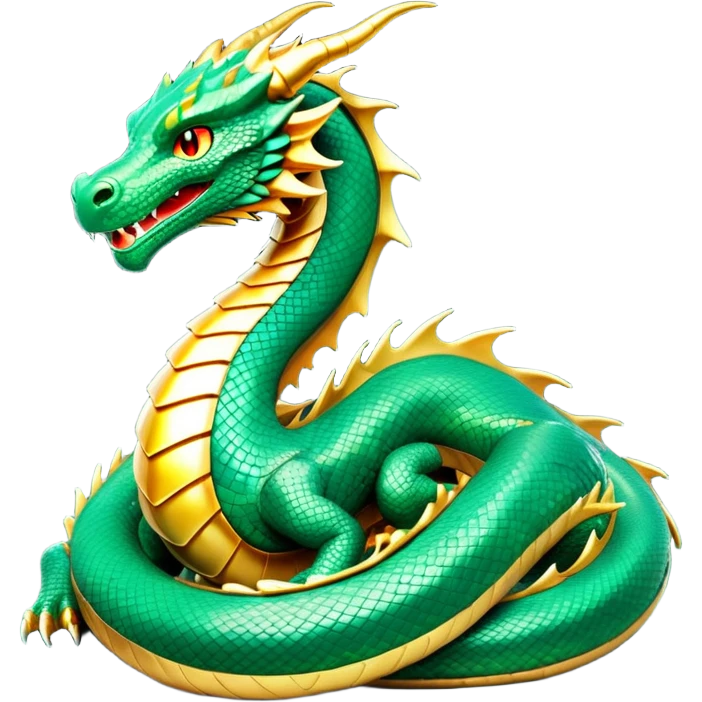 cinematic-noble-dragon-full body-emoji,-poised-and-majestic,-with-a-sinuous,-elongated-build-and-shimmering,-scale-covered-skin-in-hues-of-emerald-and-gold,-piercing,-fiery-eyes,-simplified-yet-sharp-and-sophisticated-features,-highly-detailed, zoomed out showing the serpentine body emoji